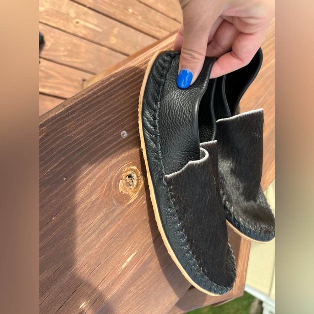 Cowhide leather moccasins. Special order all black. Worn one time just don’t fit